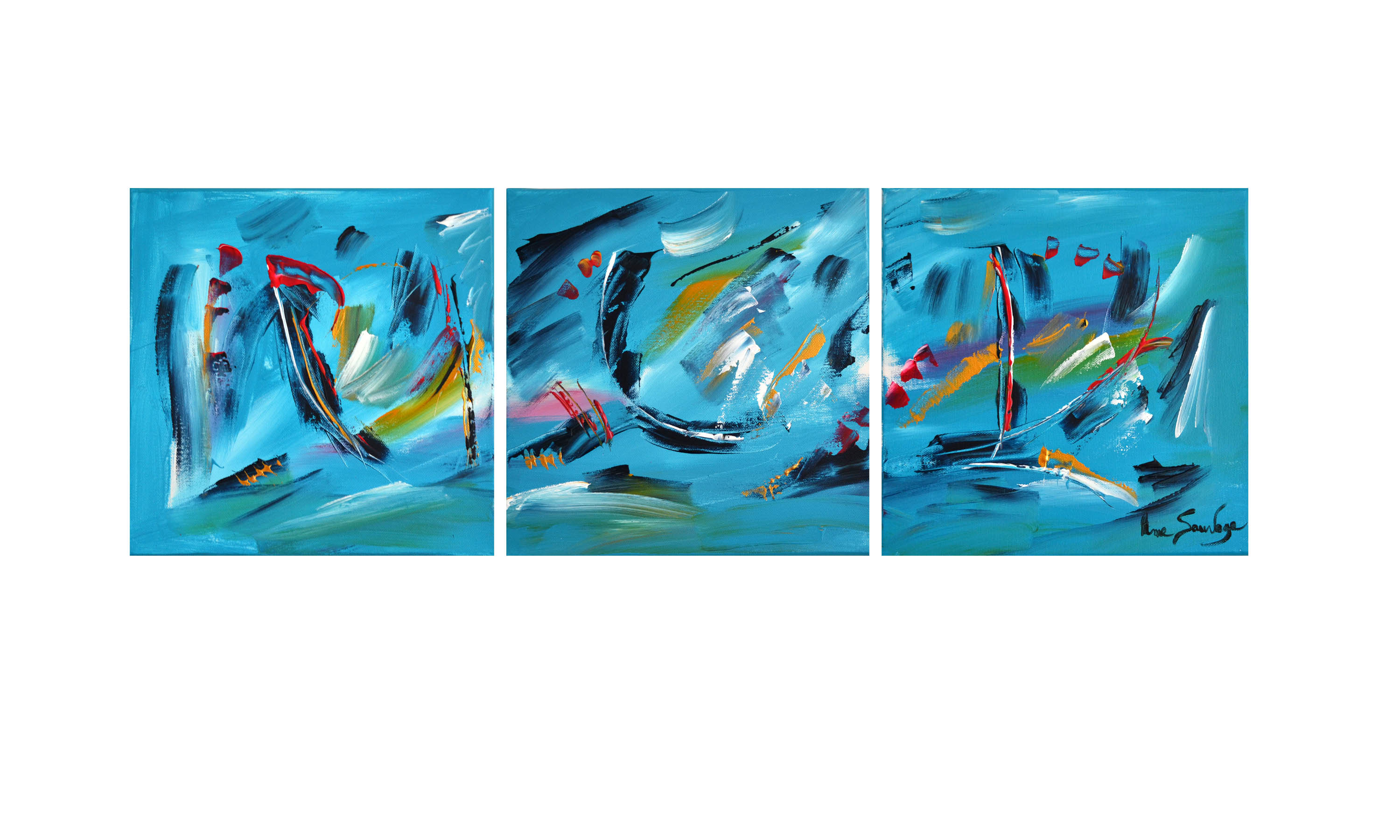 Tableau peinture triptyque bleu turquoise